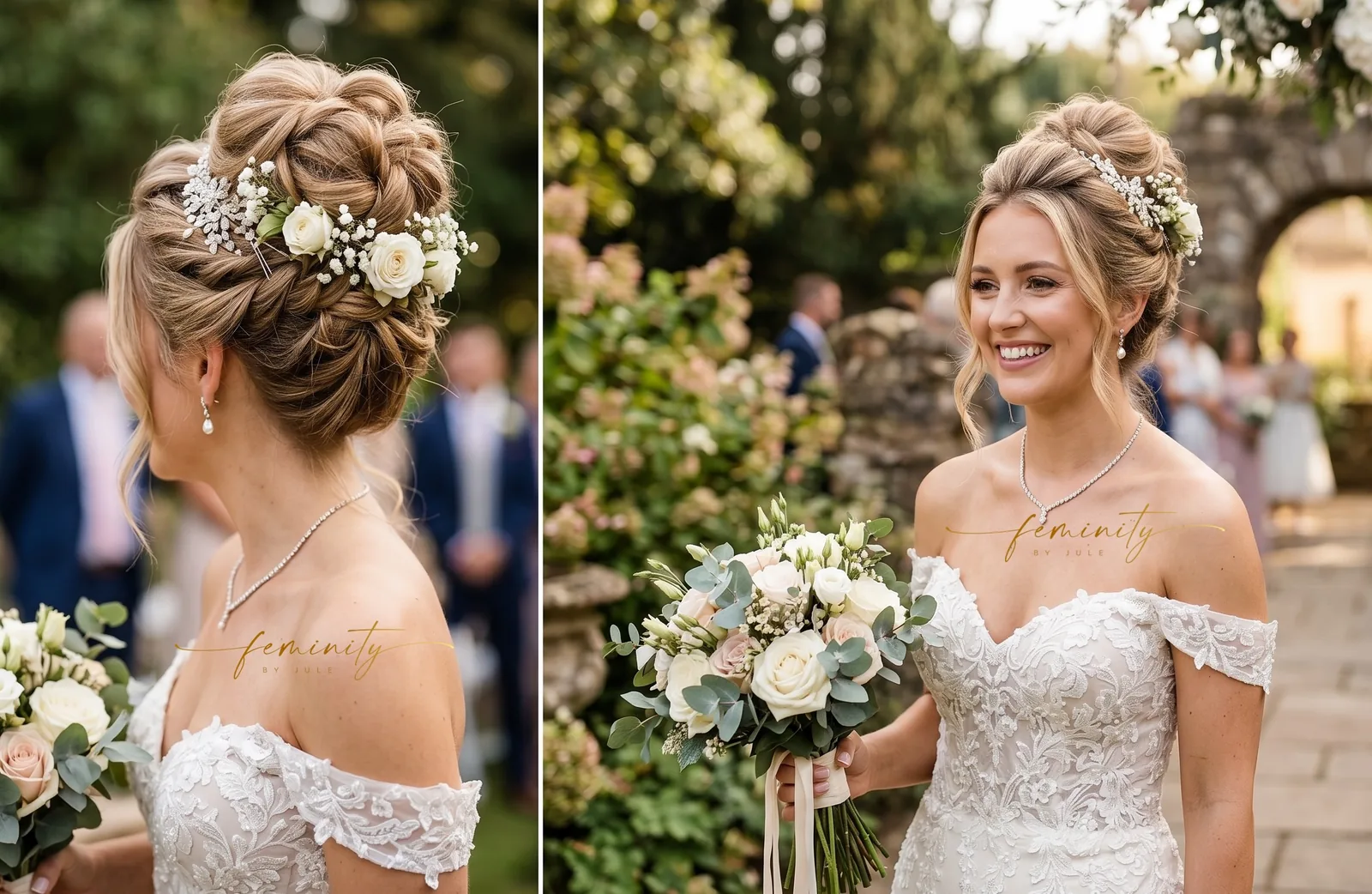 Brautstyling von Feminity by Jule – elegante Hochsteckfrisur mit floralem Haarschmuck und Bridal Make-up